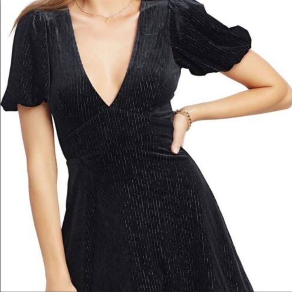 L*Space Velvet Metallic Stripes Black Puff Sleeve Mini Dress size Large